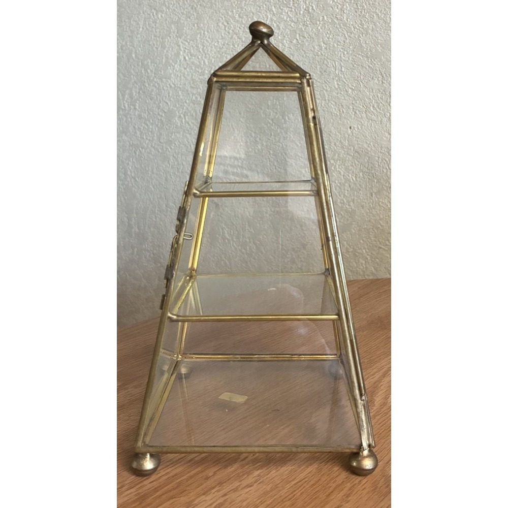 Obelisk Brass Glass Curio Cabinet Display 3 Tier Shelf Latch 9" UCGC Vtg *flaw